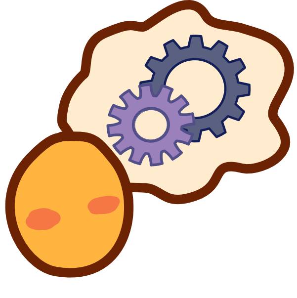 a yellow head sits in front of a thought bubble, the thought bubble has 2 gears inside. One gear is a grey blue the other a washed out purple.